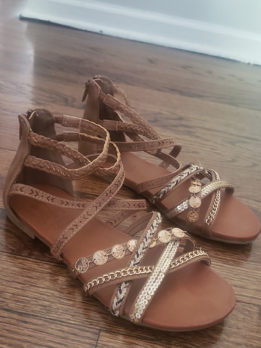 Singapore Tan Strappy Gladiator Sandals with Gold Accents